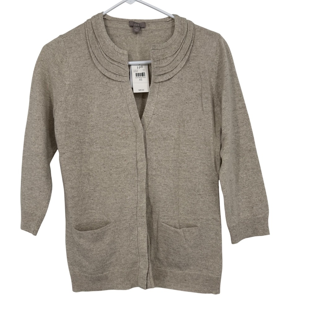 J. Jill Stuart Women's Beige Knit Cardigan Sweater Collar Accent 3/4 Sleeve XS‎